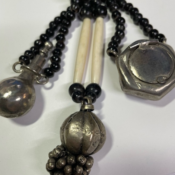 Tribal Black Bone and Silver Beaded Necklace - Picture 2 of 5